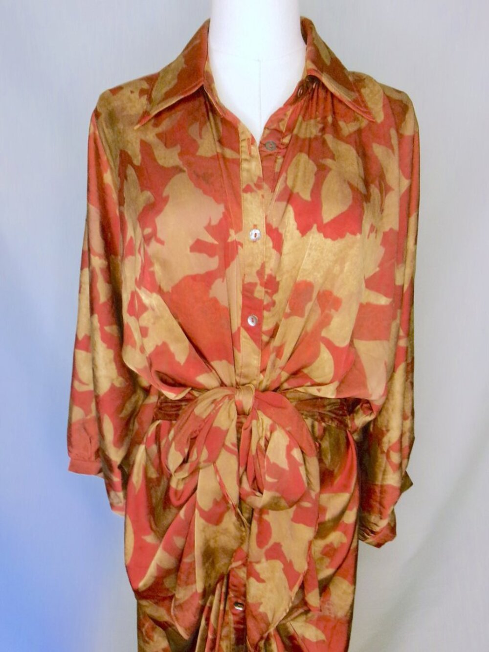 Entro Rust Floral Button Front Tie Waist Shirt Dress Large Long Sleeve